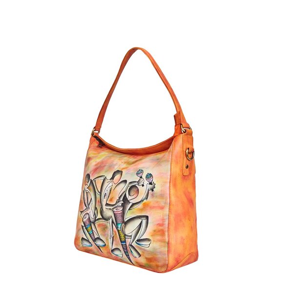 Ladies Hand-Painted Leather Orange Shoulder Tote Bag | Crossbody Sling Bag - Picture 8 of 9